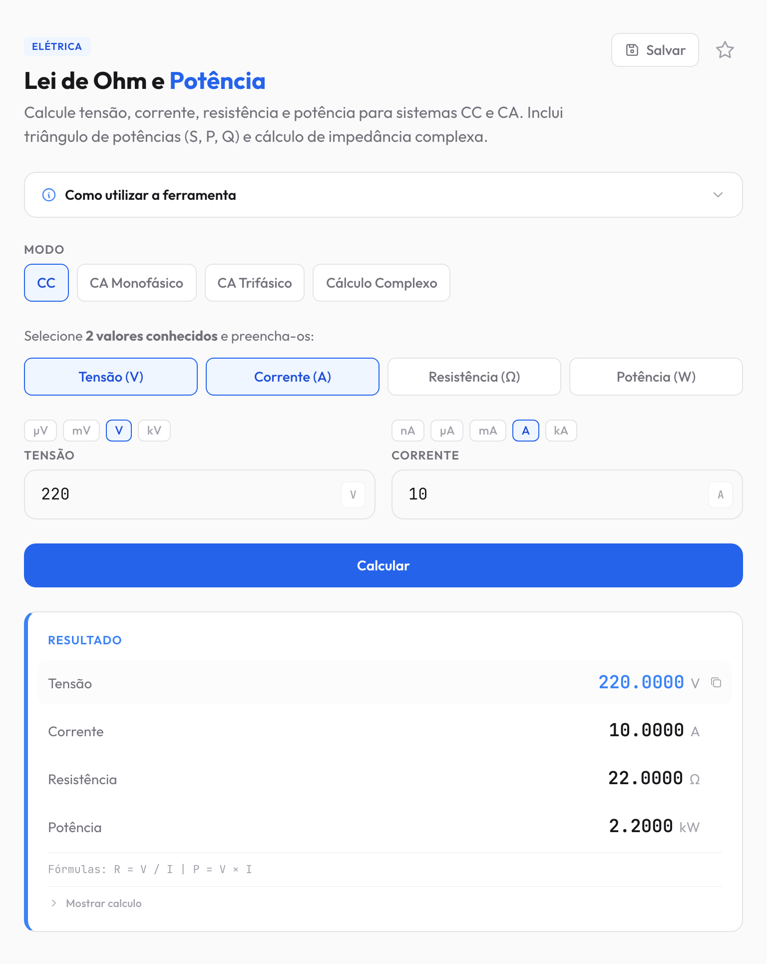 Captura da calculadora Lei de Ohm e Potência